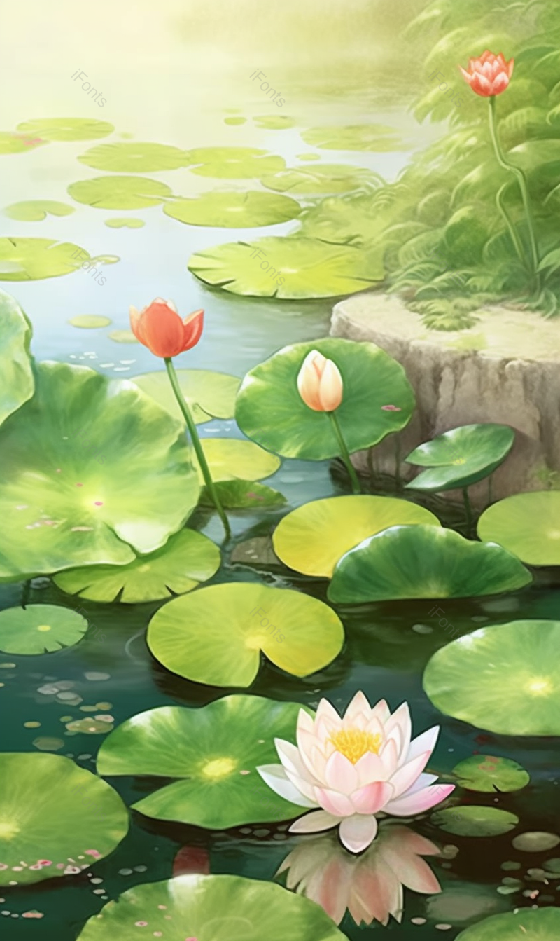 竖屏夏天夏至绿色池塘荷花荷叶白天自然植物插画,插画/手绘图,插画/手绘图库,插画/手绘图下载,插画/手绘